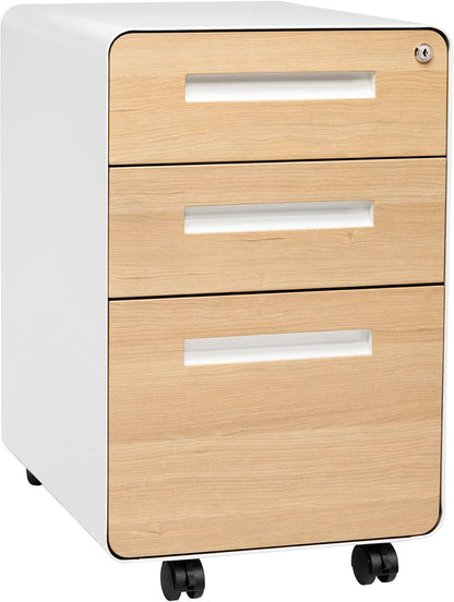 Stockpile 3 Drawer File Cabinet with Lock - under Office Desk Metal Filing Cabinet, Legal/Letter File Folders, Wheels and Stationary Feet, Pre-Assembled, White/Wood - Design By Technique