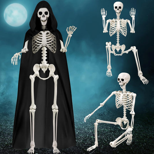 5.4Ft Halloween Life Size Skeleton Decoration, Posable Full Body Giant Human Skeleton Prop with Black Cloak Plastic Large Skeleton for Halloween Party Outdoor Indoor Yard Lawn Scary Decor