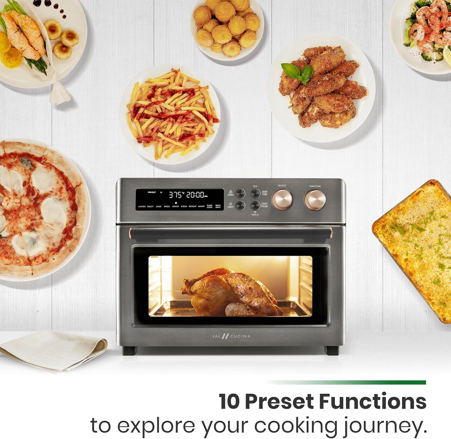 Infrared Heating Air Fryer Toaster Oven, Extra Large Countertop Convection Oven 10-In-1 Combo, 6-Slice Toast, Enamel Baking Pan Easy Clean with Recipe Book, Black Matte Stainless Steel