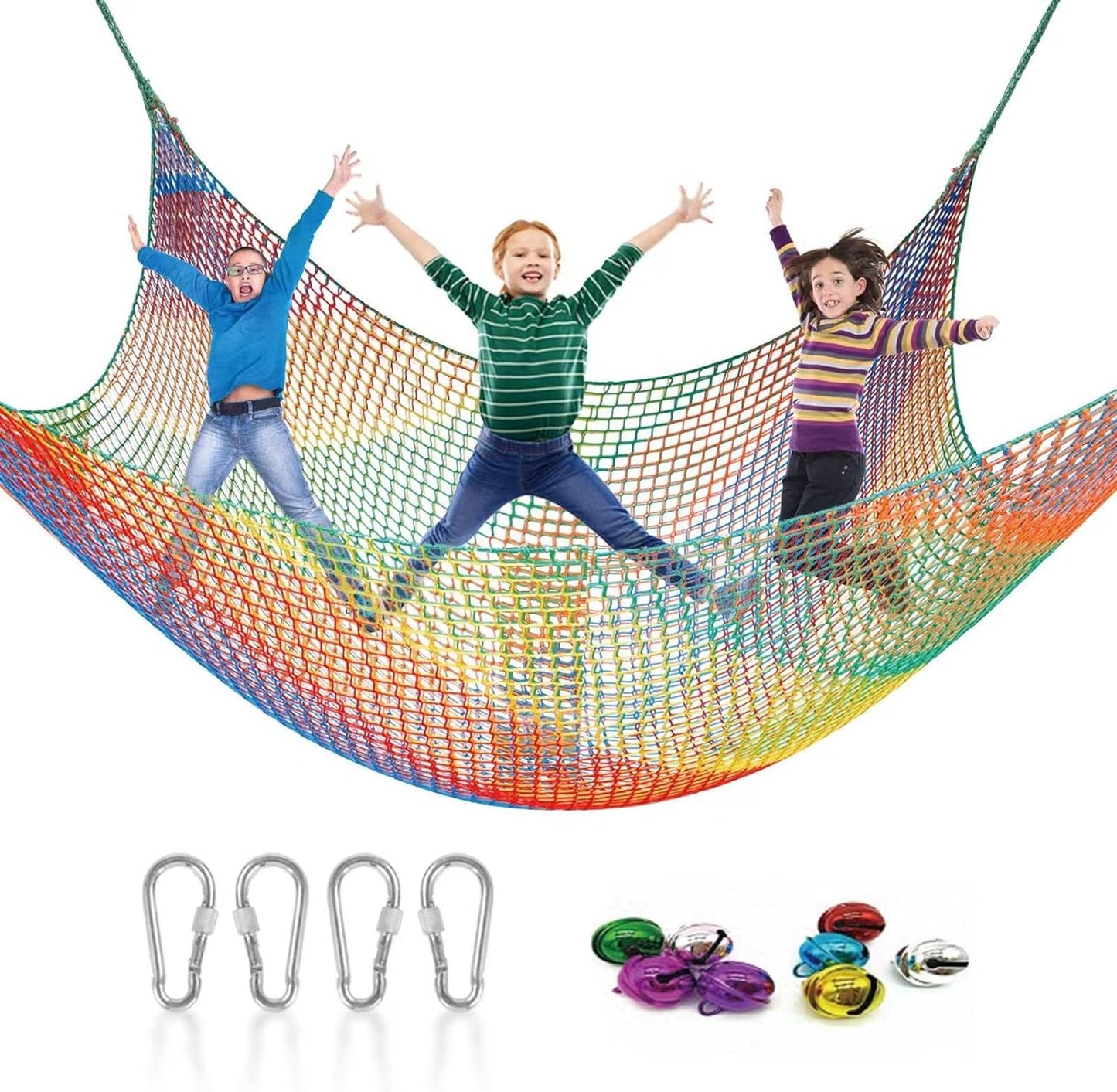 Kids Playground Climbing Cargo Net - 9.8 X 9.8Ft Kids Playground Safety Net,Polyester Double Layers Rope Bridge Net for Tree House and Outdoor Adventure（Rainbow）