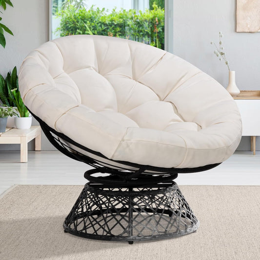 Ergonomic Wicker Papasan Chair with Soft Thick Density Fabric Cushion, High Capacity Steel Frame, 360 Degree Swivel for Living, Bedroom, Reading Room, Lounge, Arctic Snow - Black Base