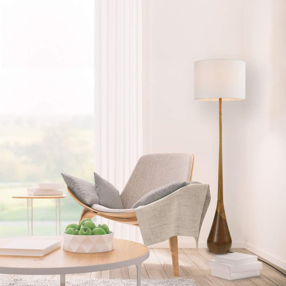 Novogratz X 67225 65" Floor Lamp, 2-Tone Wood Toned Base, White Fabric Shade, Socket Rotary Switch, Living Room Décor, Reading Light, Home Essentials, Bedroom, Office Accessories