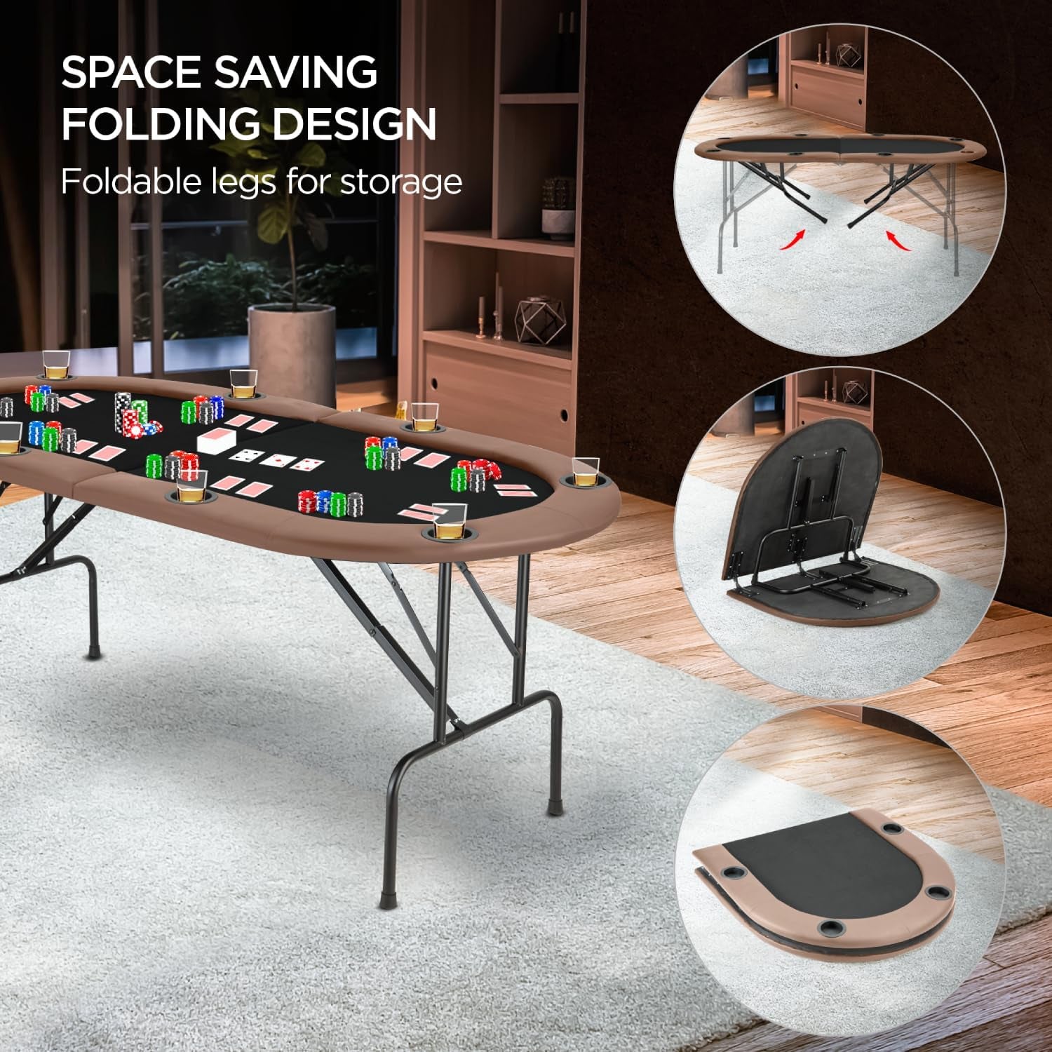 Portable Poker Table Foldable 8 Player Texas Holdem Poker Table with Casino Table Grade Felt Top Cushioned Armrest and 8 Cup Holders for Card Game Gambling Large 72 Inch Oval Folding Poker Table