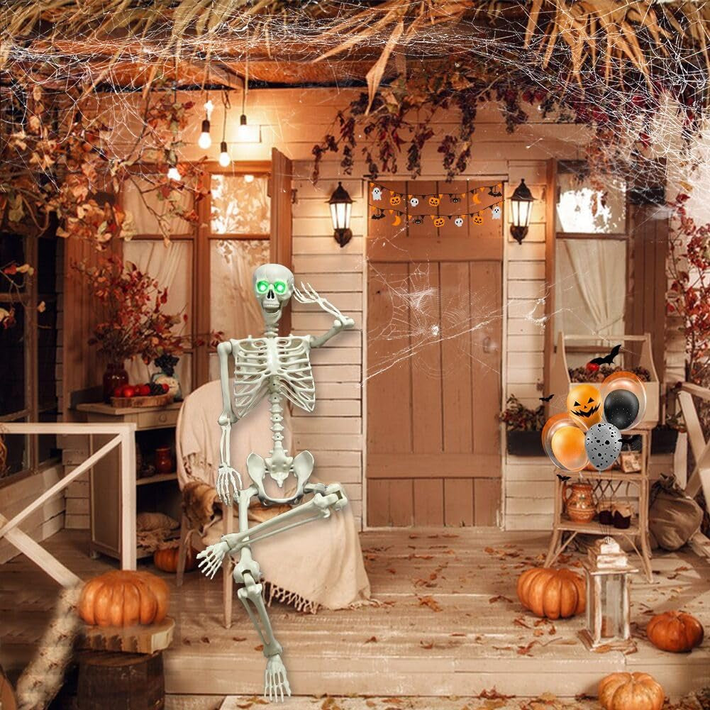 5.4Ft Halloween Skeleton, Full Size Posable Skeleton with Glowing Eyes Creepy Sound, Full Body Life Size Skeleton and Skeleton Stakes for Halloween Indoor Outdoor Haunted House Decorations