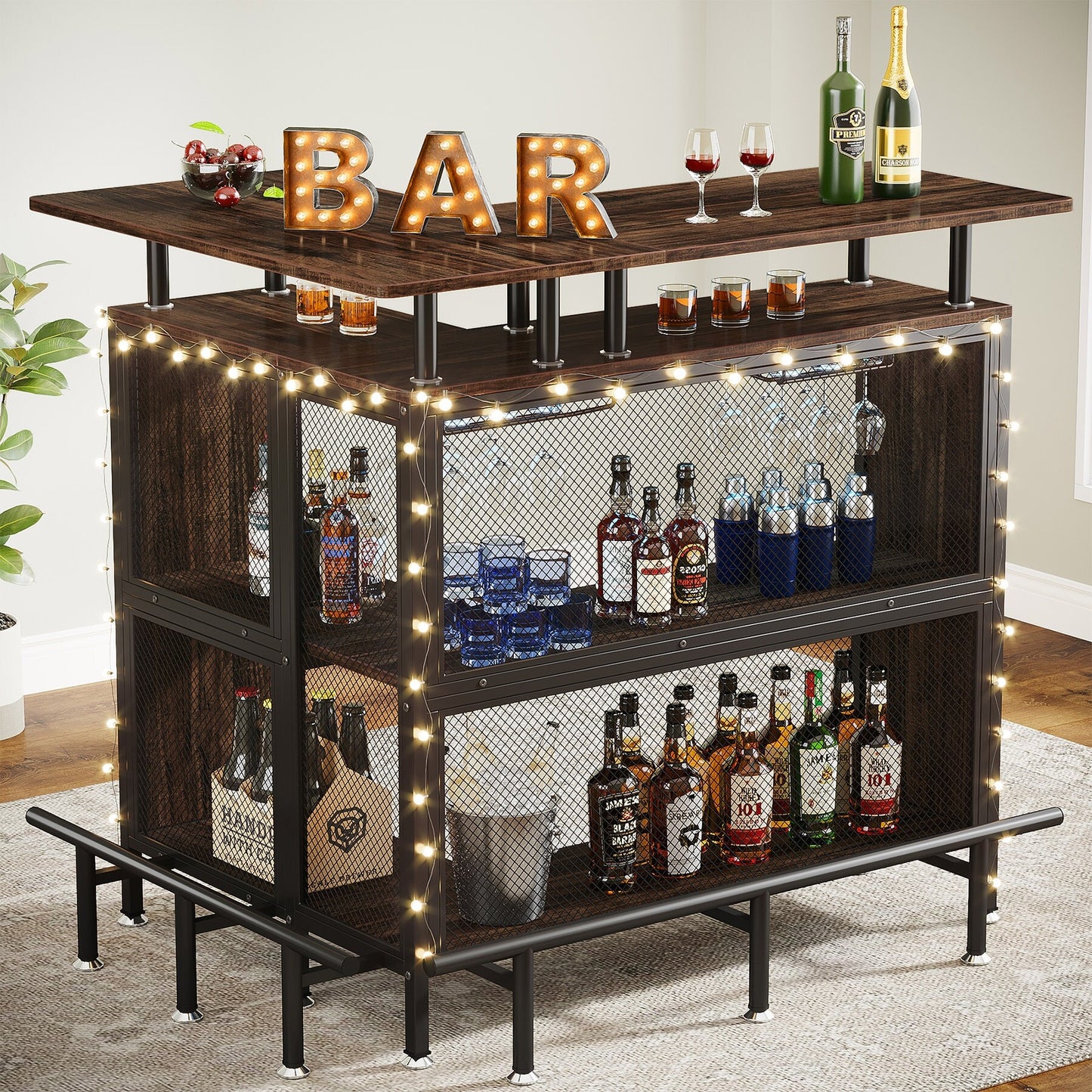L-Shape Home Bar Unit, Liquor Bar Table with 2-Tier Storage - N/A