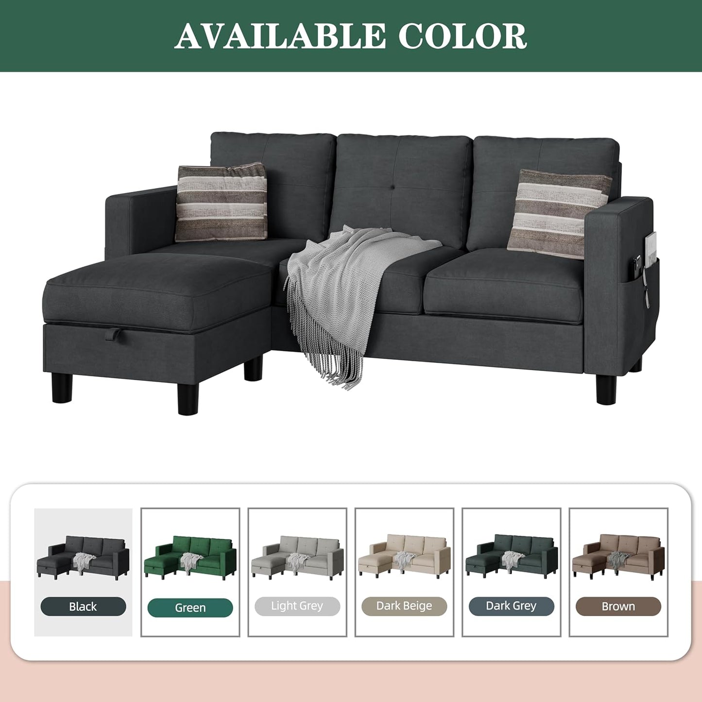 Convertible Sectional Sofas Couches for Living Room, L Shaped Couch with Storage Ottoman, Small Sectional 3 Seater Sofa for Small Spaces, Black