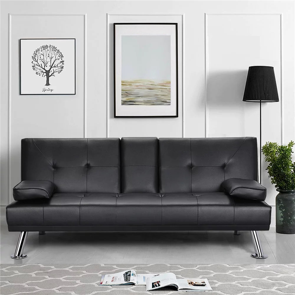 Modern Faux Leather Reclining Futon Sofa Bed with Cupholders and Pillows, Black - Design By Technique