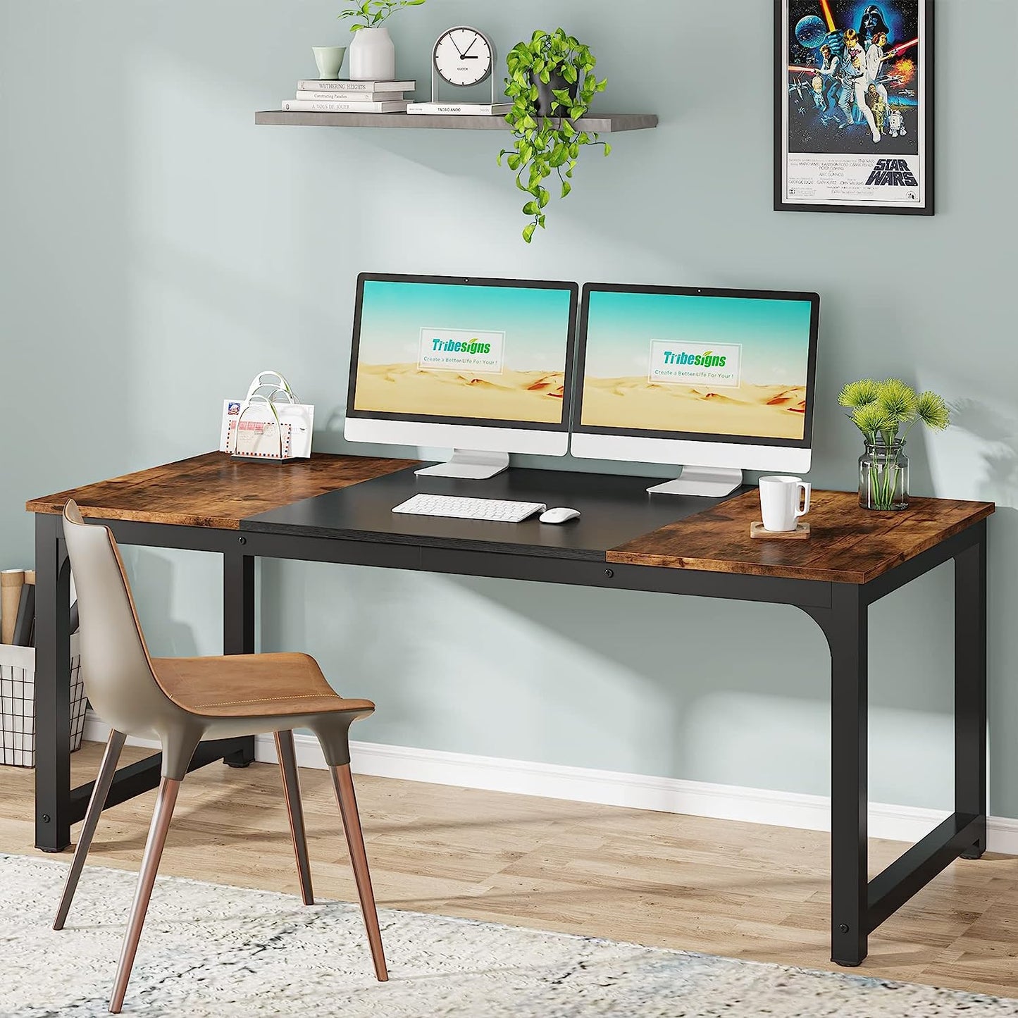 Modern Computer Desk, 63 X 31.5 Inch Large Office Desk Computer Table Study Writing Desk Workstation for Home Office, Vintage Black Metal Frame