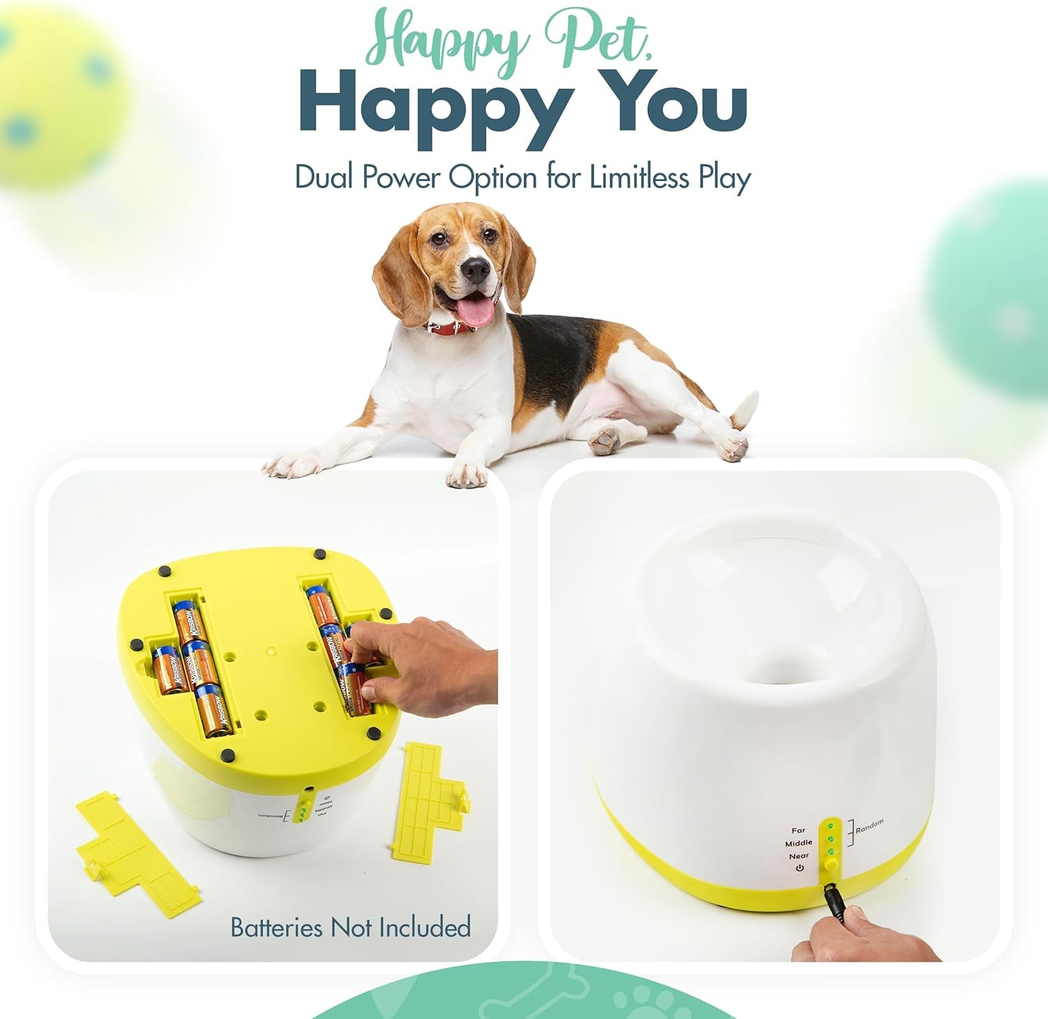 Automatic Dog Ball Launcher - Dog Ball Fetch Machine, Ball Thrower for Dogs, for Small to Medium Sized Dogs, Interactive Dog Toy with 6 Latex Balls, Plug-In & Battery Options - 4 Launch Distances