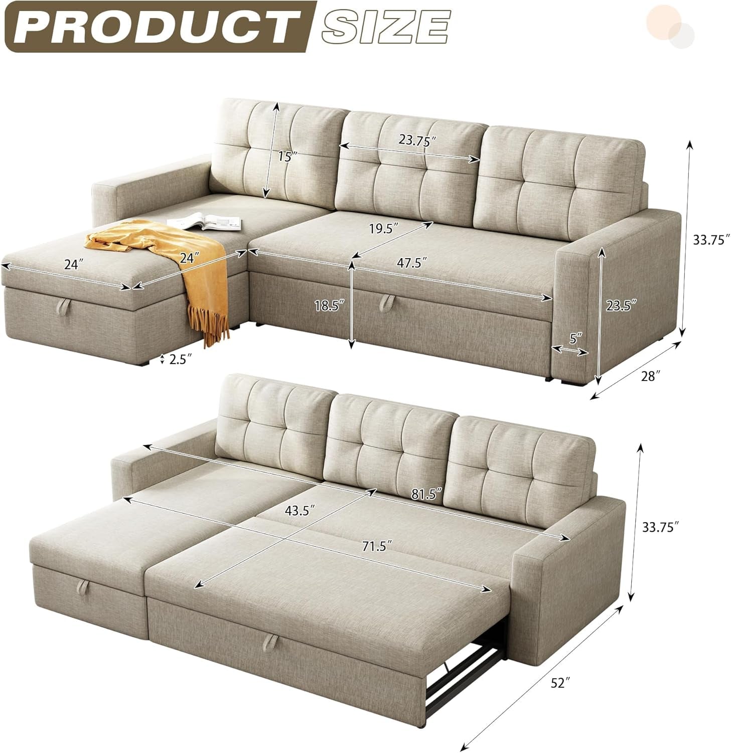 81.5" Sectional Sleeper Sofa with Storage Chaise, L Shaped Pull Out Couch Bed with 3 Removable Back Cushion for Living Room,Apartment,Office, Beige1