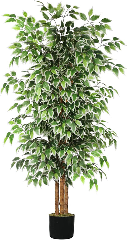 6Ft Artificial Tree Ficus, Tall Faux Trees Indoor with Natural Trunk and Fake Silk Tree Fake Plants for Summer Home Decor Living Room Outdoor Balcony House Office (Included Dried Moss)