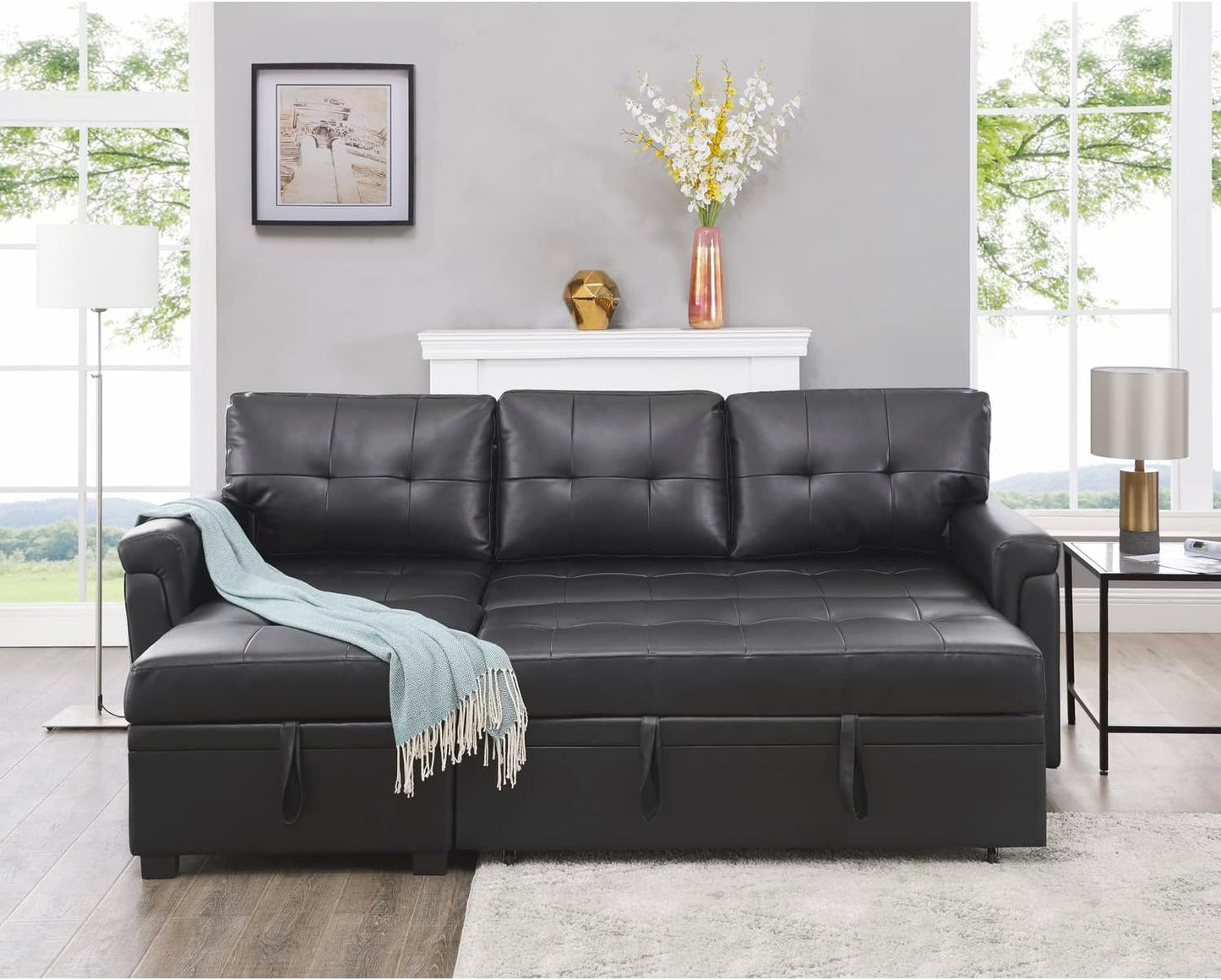 Transform Any Space: Sleeper Sectional Sofa with Convertible Sofa Bed & Inviting Chaise. Find Tranquil Comfort with Stress-Relieving Design & Durable Cushions - Black/Air Leather