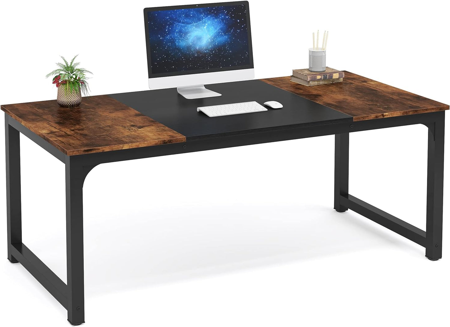 Modern Computer Desk, 63 X 31.5 Inch Large Office Desk Computer Table Study Writing Desk Workstation for Home Office, Vintage Black Metal Frame