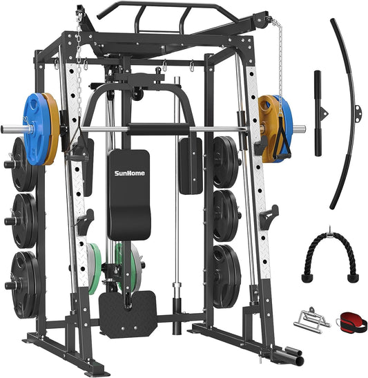 Smith Machine, 2000LBS Power Cage Squat Rack with Smith Bar, Two LAT Pull-Down Systems, Cable Crossover Machine and and More Cable Attachment for Home Gym