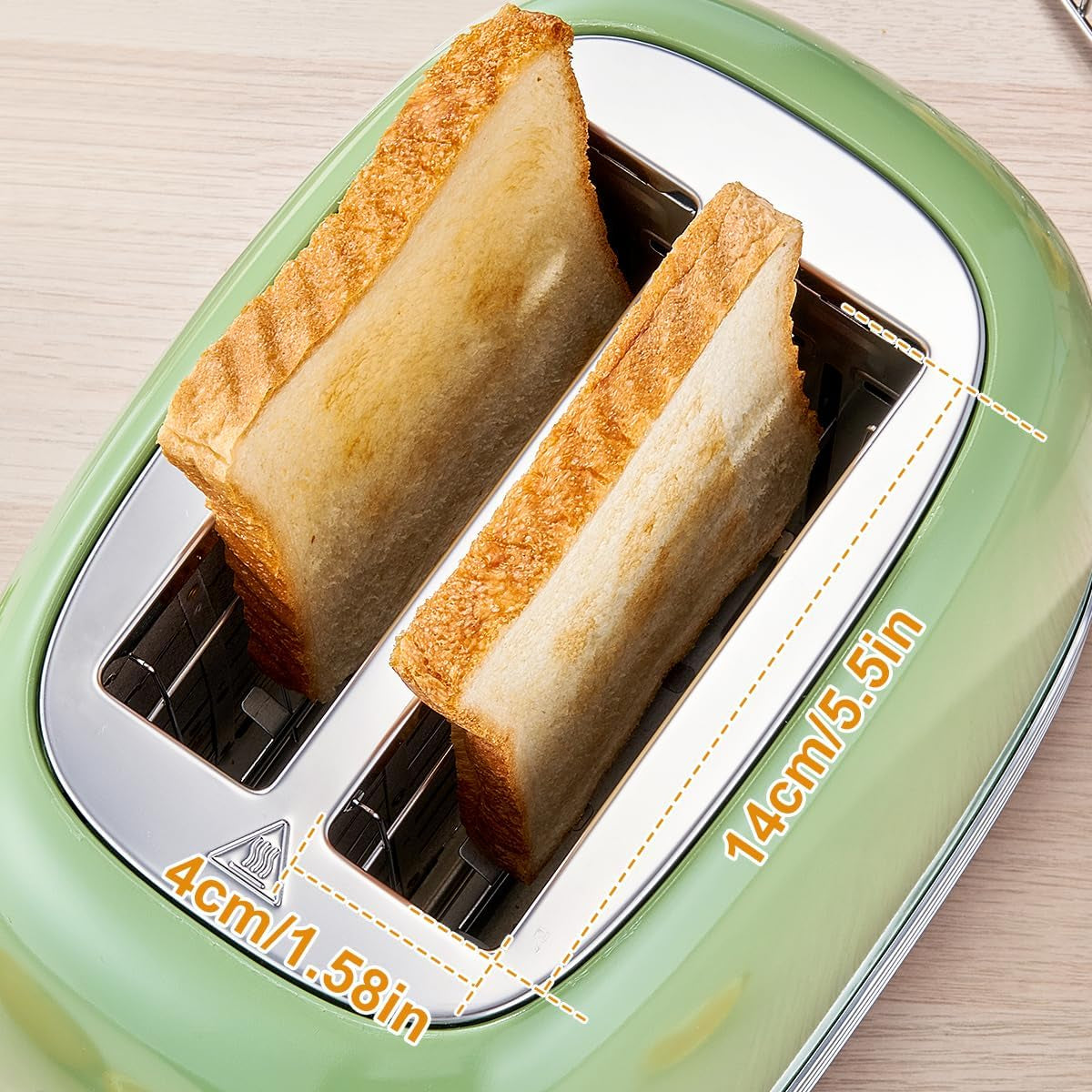 Toaster Retro 2 Slice, Vintage Toaster, Green Toaster, with Stainless Steel Lid, with Bread Attachment, Preheat, Defrost and Cancel Functions, 6 Browning Levels (Green)