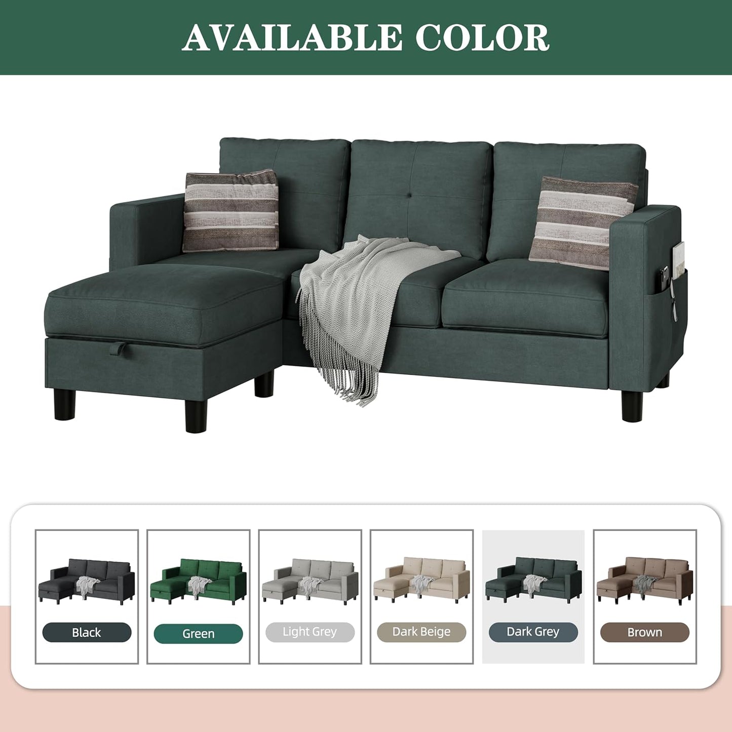 Convertible Sectional Sofas Couches for Living Room, L Shaped Couch with Storage Ottoman, Small Sectional 3 Seater Sofa for Small Spaces, Dark Grey