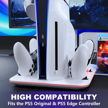 Cooling Stand for PS5 Slim Console, Dual Controller Charger, PS5 Slim Accessory with 7 RGB Lights, 3-Stage Cooling Fan, Headphone Stand (Only for Playstation 5 Slim Digital/Disc Edition)
