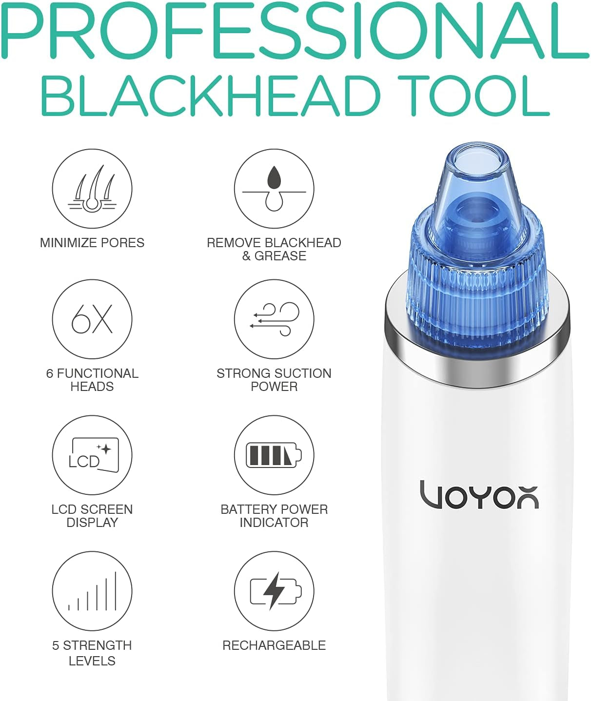 Blackhead Remover Pore Vacuum - Electric Face Vacuum Pore Cleaner Acne White Heads Removal with 6 Suction Heads (BR410)