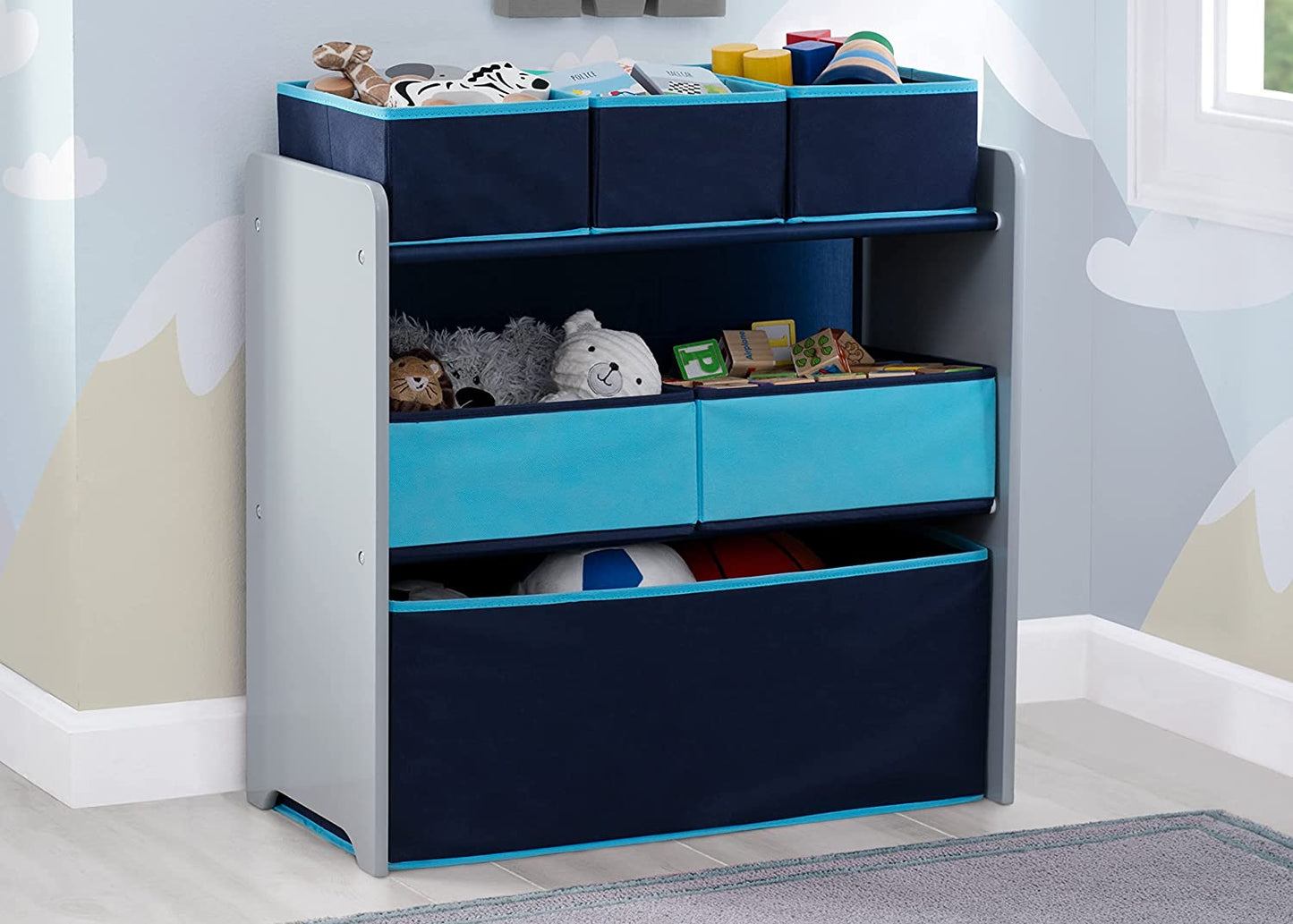 Design and Store 6 Bin Toy Organizer, Grey/Blue