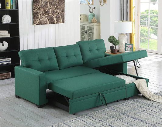 L-Shape Convertible Sleeper Sectional Sofa with Storage Chaise and Pull-Out Bed, Linen Upholstered Reversible Corner Couch W/Arms for Living Room, Apartment, Home Furniture,Green