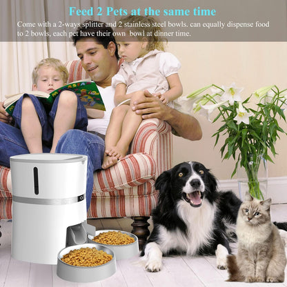 Automatic Cat Feeder,  Pet Feeder Food Dispenser for Cat & Small Dog with Two-Way Splitter and Double Bowls, up to 6 Meals with Portion Control, Voice Recorder - Battery and Plug-In Power