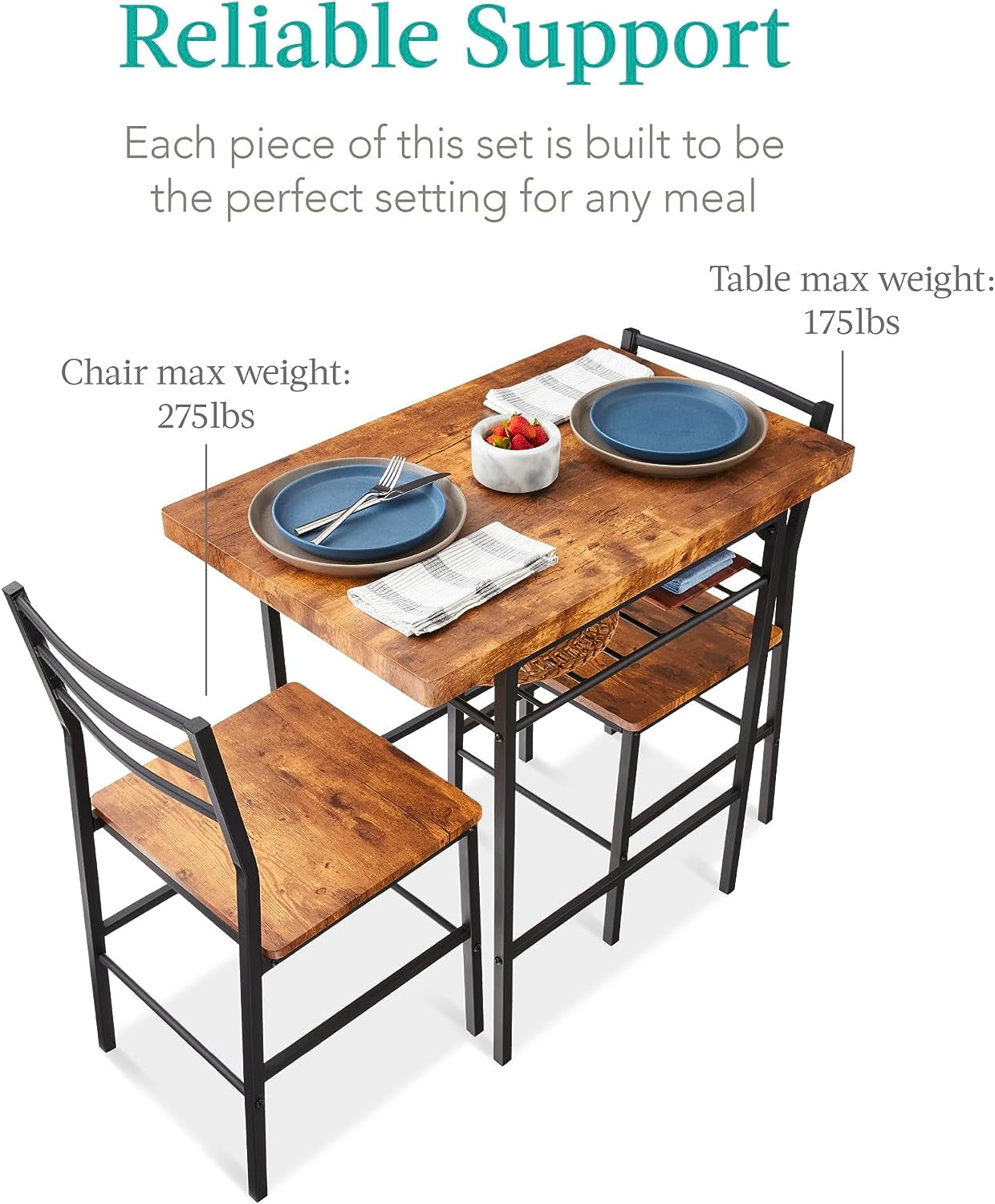 3-Piece Modern Dining Set, Space Saving Dinette for Kitchen, Dining Room, Small Space W/Steel Frame, Built-In Storage Rack - Brown - Design By Technique