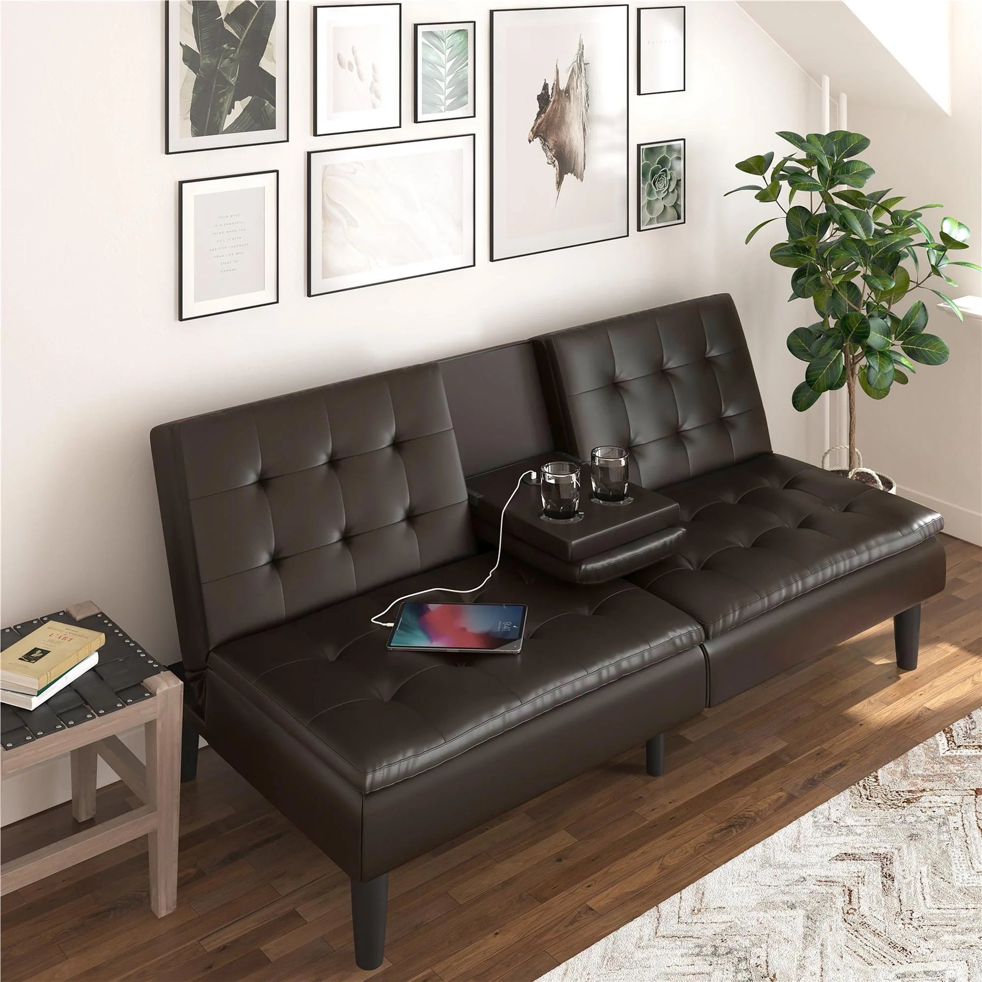 Memory Foam Futon with Cupholder and USB, Dark Brown Faux Leather - Design By Technique