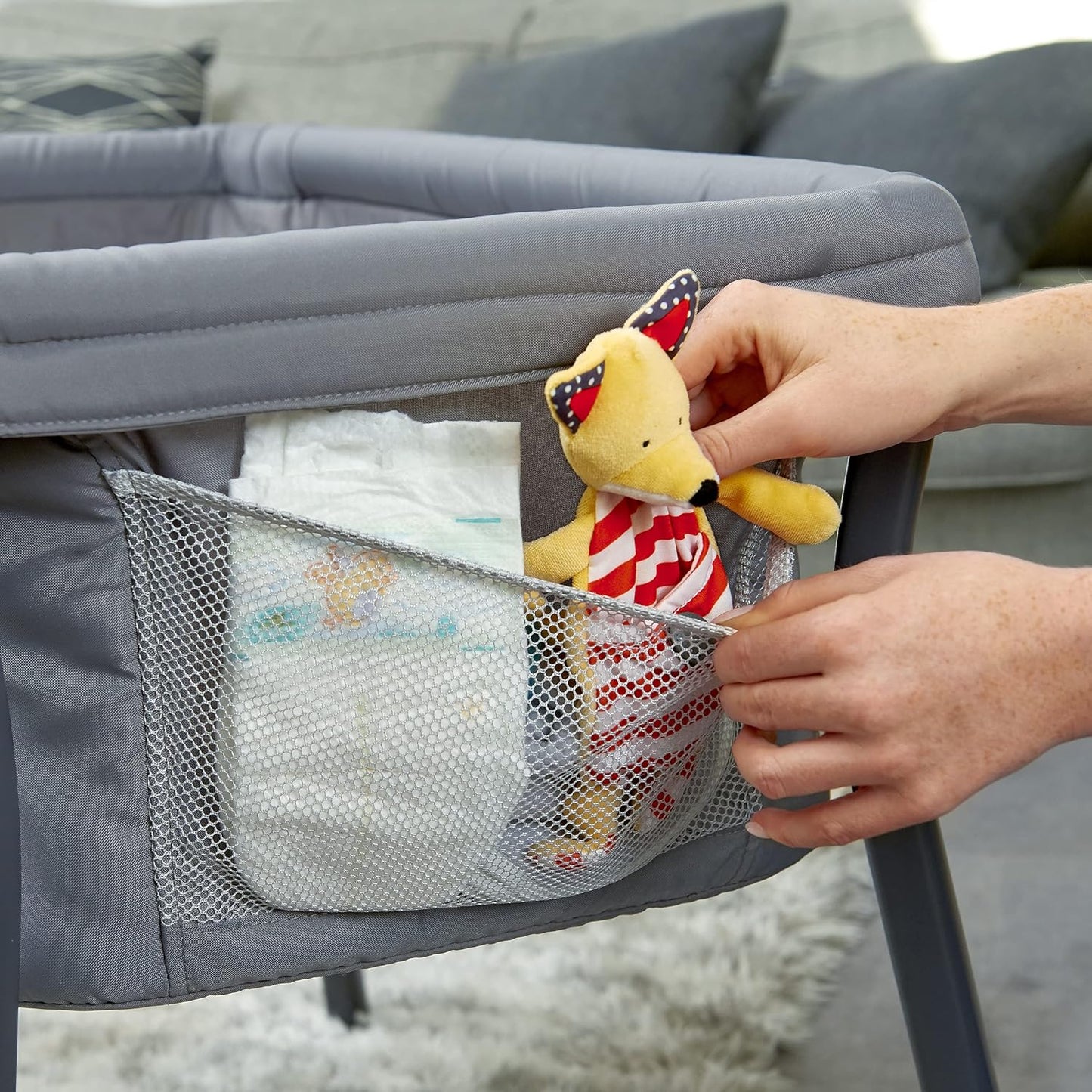 Lullago® Anywhere Portable Bassinet, Lightweight, Space-Saving Baby Bassinet with Waterproof Mattress and Fitted Sheet, Travel Bassinet for Baby Includes Carry Bag | Sandstone/Grey - Design By Technique