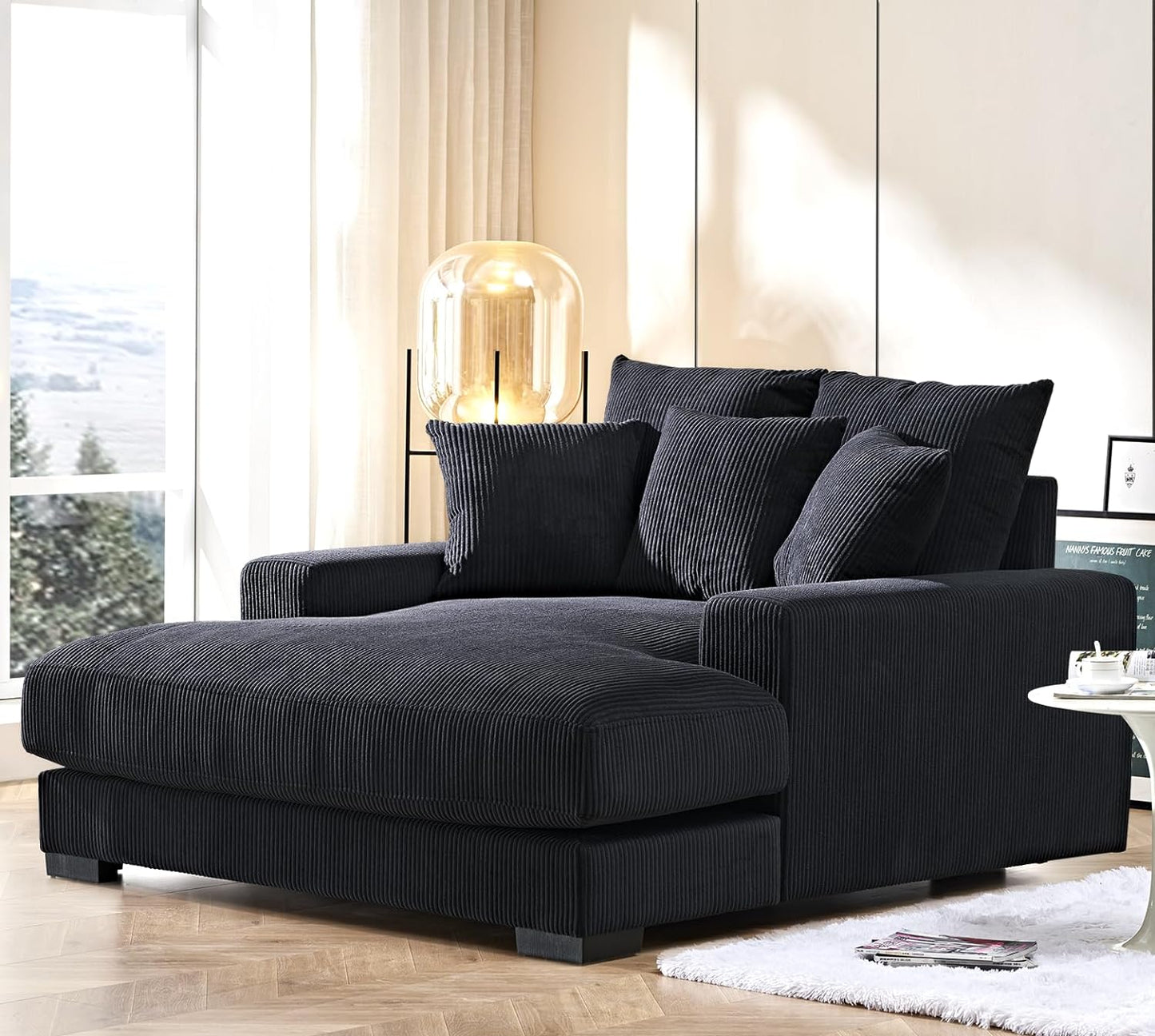 Luxe Upholstered Chaise Lounge Sofa in Soft Corduroy Fabric with Removable Cushions, Oversized Chair for Relaxing in Living Room or Bedroom, 55.1" Wide, Black