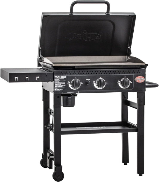 ® Flat Iron 3-Burner Propane Gas Flat-Top Griddle with Steel Griddle Top, Hinged Lid and Wind Guards, 520 Cooking Square Inches in Black, Model 8428