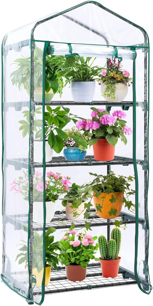 Mini Greenhouse for Outdoors Indoor: Small Green House with 4 Tier Shelves, Portable Plastic Greenhouses with Heavy Duty Transparent PVC Cover for Winter Garden Patio Backyard Porch Balcony - Design By Technique