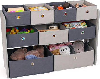 Kids Toy Organizer with 9 Storage Fabric Bins, Grey