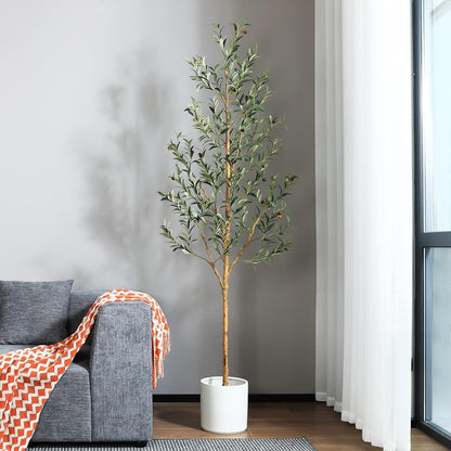 Artificial Olive Tree, 7FT Tall Fake Silk Plants with Natural Wood Trunk Faux Potted Tree for Home Decor Indoor Office Porch, Set of 1