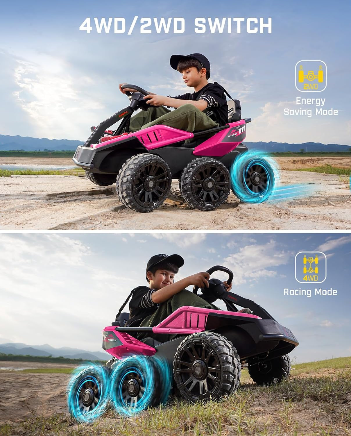 24V Ride on Toys for Big Kids, 6 Eva Wheels UTV, 4X75W 5.9MPH Powerful Electric Car, 4WD/2WD Switch, Parent Remote, 4 Shock Absorbers, Ideal Gift for Kids Ages 3+, X7 Pro Pink