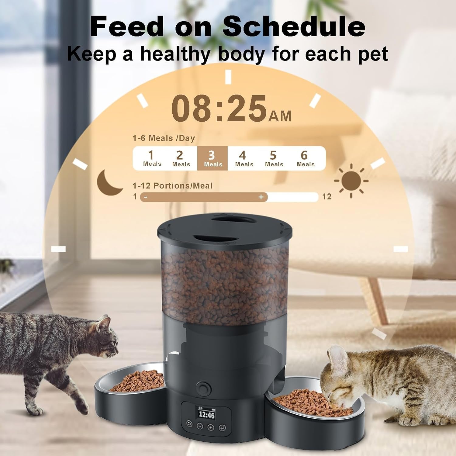 Automatic Cat Feeder for 2 Cats, 3L Cat Food Dispenser  Auto Cat Feeder with 2 Stainless Bowls, 10S Meal Call Dual Power Supply and Timer Setting 12 Portions 6 Meals per Day for Cats and Dogs