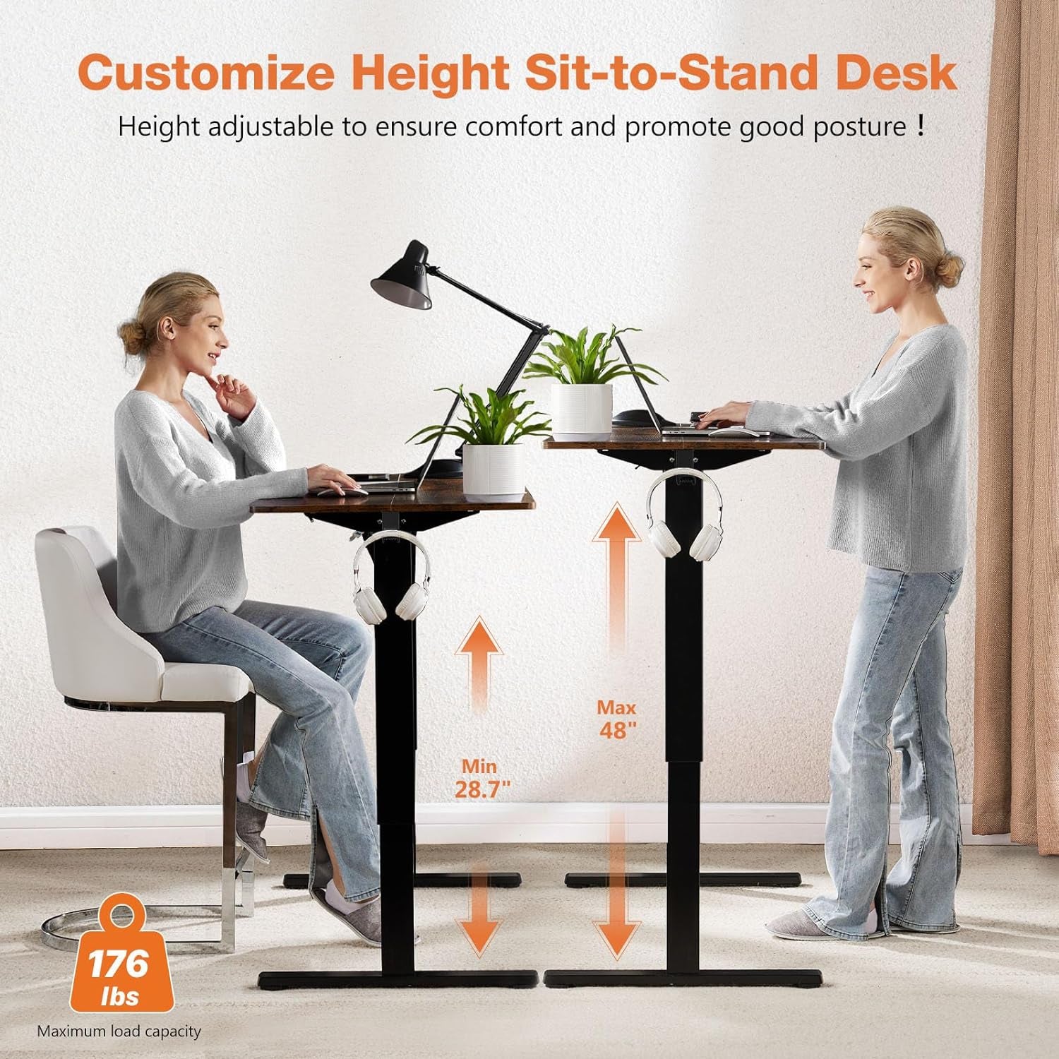 Electric Adjustable Height Standing Desk - 40 X 24 Inch Sit to Stand up Desk with Splice Board, Rising Home Office Computer Table with 2 Hook and Wire Hole for Work