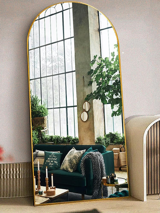 Floor Mirror, 76"×34" Arched Full Length Mirror Arched with Stand, Standing Mirror, Full Body Mirror, Large Mirror, Arched Wall Mirror, Freestanding, Aluminum Frame - Gold - Design By Technique
