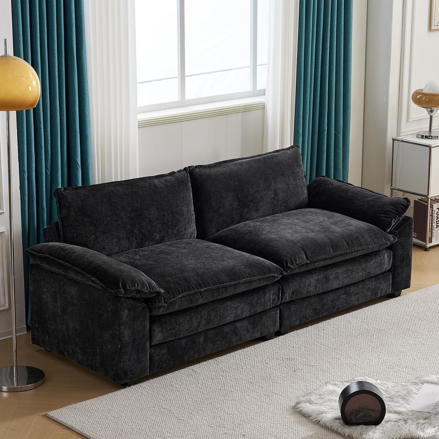 85.4" Convertible Sectional Sofa,L-Shape Deep Seat Sofa Couch for Living Room,Modern Chenille 2 Seat Loveseat Sofa with Ottoman for Small Space(Black, 85.4")