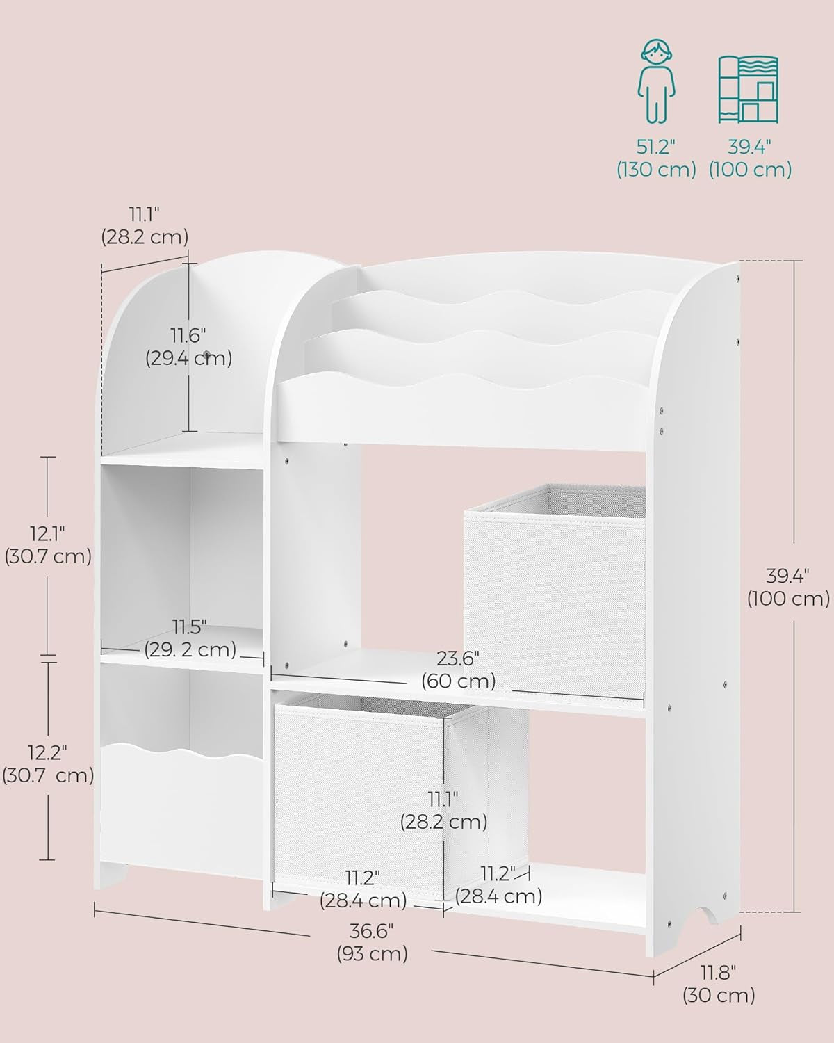 Toy and Book Organizer for Kids, Kids Bookshelf and Toy Storage, Storage Organizer with 2 Storage Boxes, for Playroom, Children'S Room, Living Room, Cloud White UGKR042W01