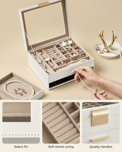 Jewelry Box with Glass Lid, 2-Layer Jewelry Organizer, 1 Drawer, for Big and Small Jewelry, Jewelry Storage, Modern Style, 8 X 9.1 X 4.1 Inches, Cloud White and Gold Color UJBC174W01