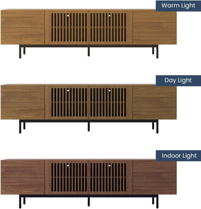 Modern Solid Wood TV Stand, Entertainment Center for 70 75+ Inch TV, Slatted Media Console TV Cabinet with Tall-Cast Metal Legs, Walnut Veneer, Fully-Assembled, 78"