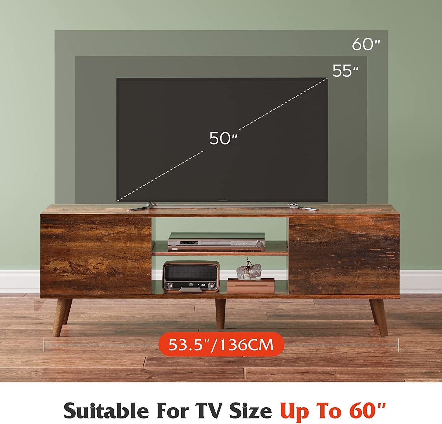 TV Stand for 55 60 Inch TV, Mid Century Modern TV Console, Entertainment Center with Storage for Living Room, Retro Brown