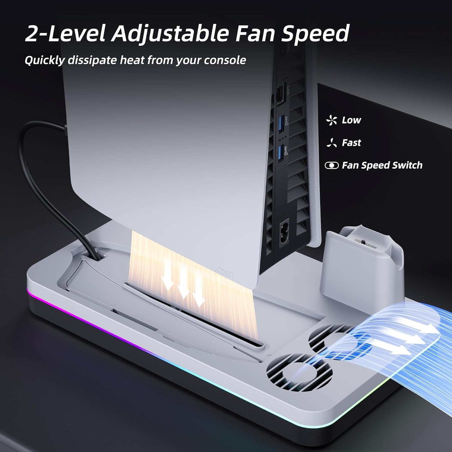 Cooling Station for PS5 Slim Console (Disc & Digital), PS5 Slim Stand with Fast Controller Charging Station, Controller Charger, 3 Speeds Cooling Fan, Headset Holder, RGB Lights & 3 USB Ports