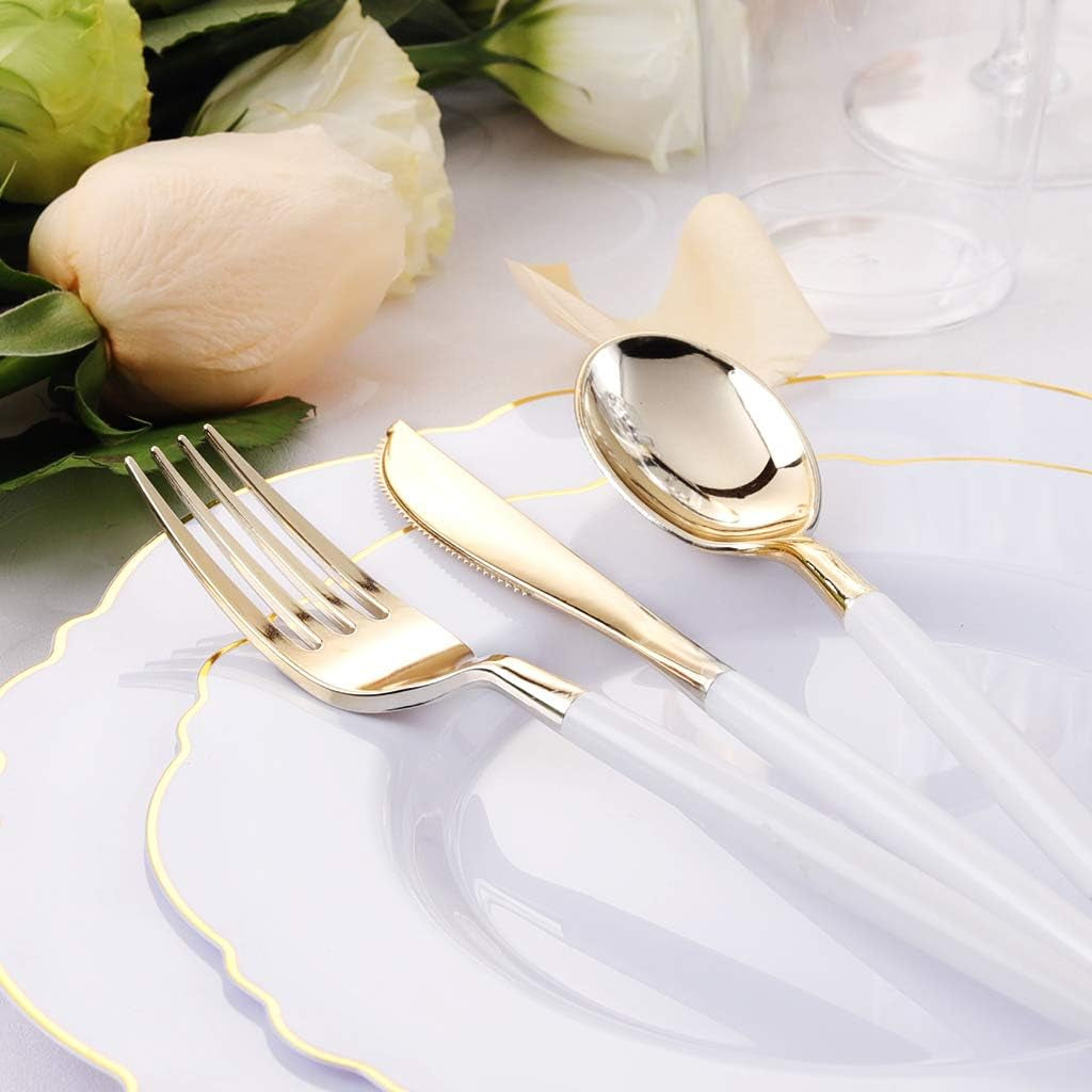 30Guest Gold Plastic Plates Disposable - Gold Plastic Silverware with White Handle Baroque Plates Disposable for Weddings, Parties, Mother'S Day