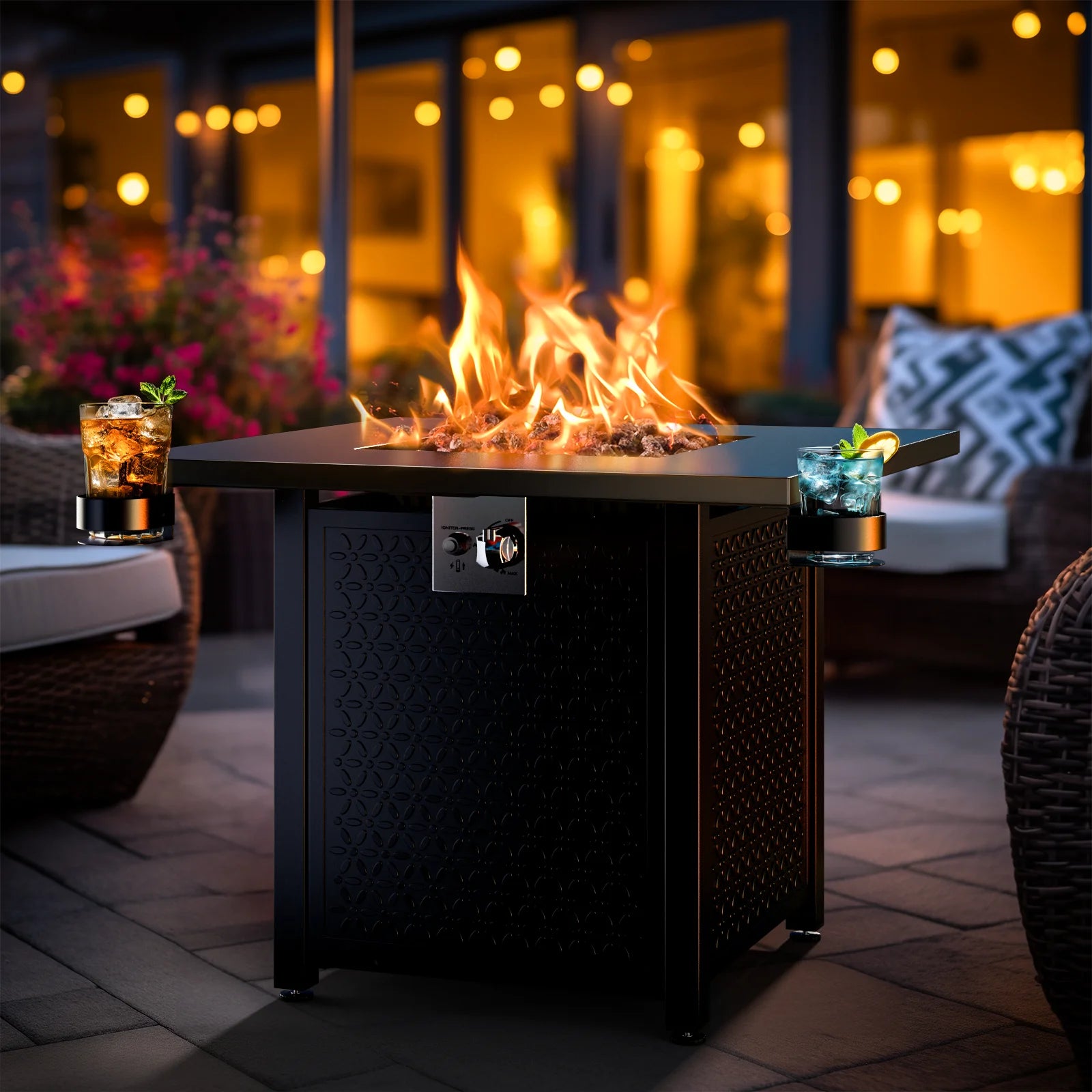 28 Inch Propane Fire Pits with Lid and Lava Rock, 50000 BTU Steel Gas Fire Pit Table for Outdoor - Design By Technique