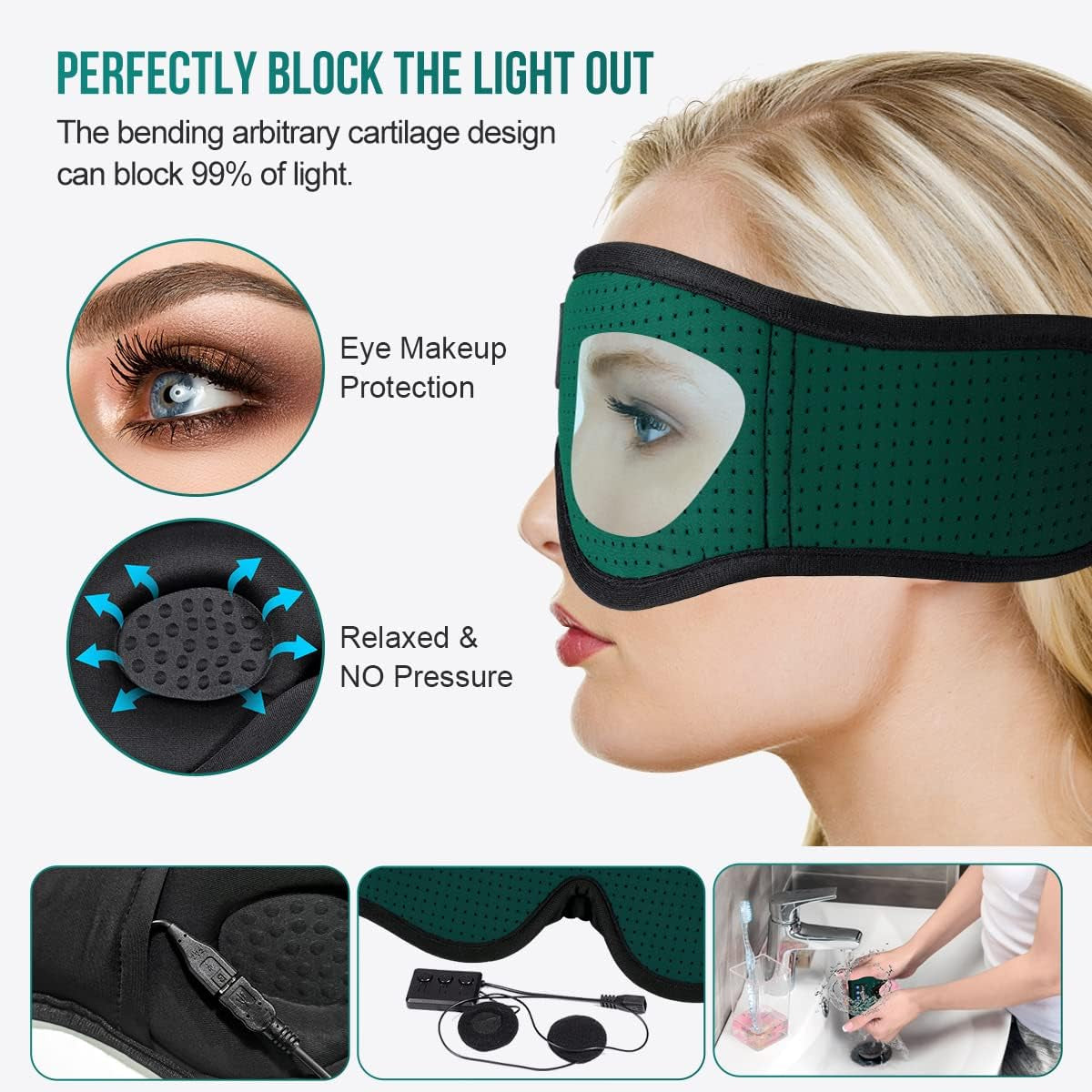 Sleep Headphones Breathable Bluetooth Headband 3D Sleeping Headphones, Wireless Music Eye Mask Sleep Earbuds for Side Sleeper Women,Men Office Air Travel Cool Tech Gadgets Unique Gifts Green