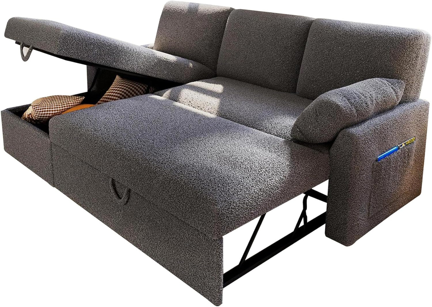 Sofa Bed, Sleeper Sofa with Storage Chaise- 2 in 1 Pull Out Couch Sofa for Home Office, Living Room, Comfy Sofa Sleeper, Grey Boucle Couch