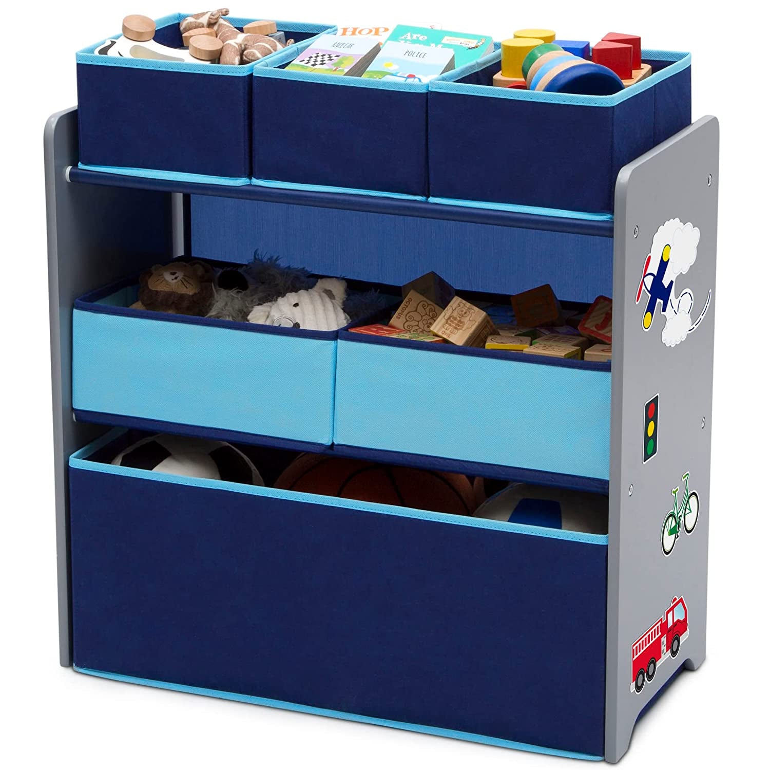 Design and Store 6 Bin Toy Organizer, Grey/Blue