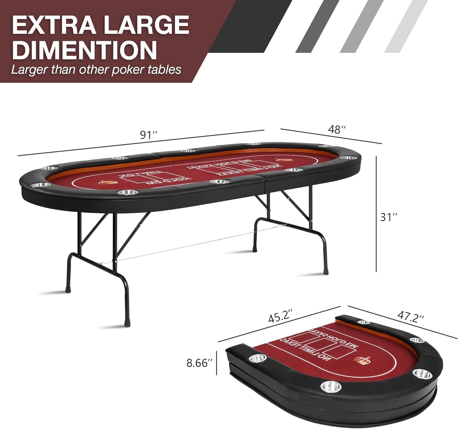 Poker Table 91” Extra Large 10 Players Folding Poker Table, Casino Poker Table Texas Holdem Poker Table, 10 Cup Holders & Padded Rails (91”X48”X31”)