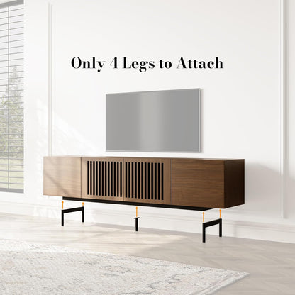 Modern Solid Wood TV Stand, Entertainment Center for 70 75+ Inch TV, Slatted Media Console TV Cabinet with Tall-Cast Metal Legs, Walnut Veneer, Fully-Assembled, 78"